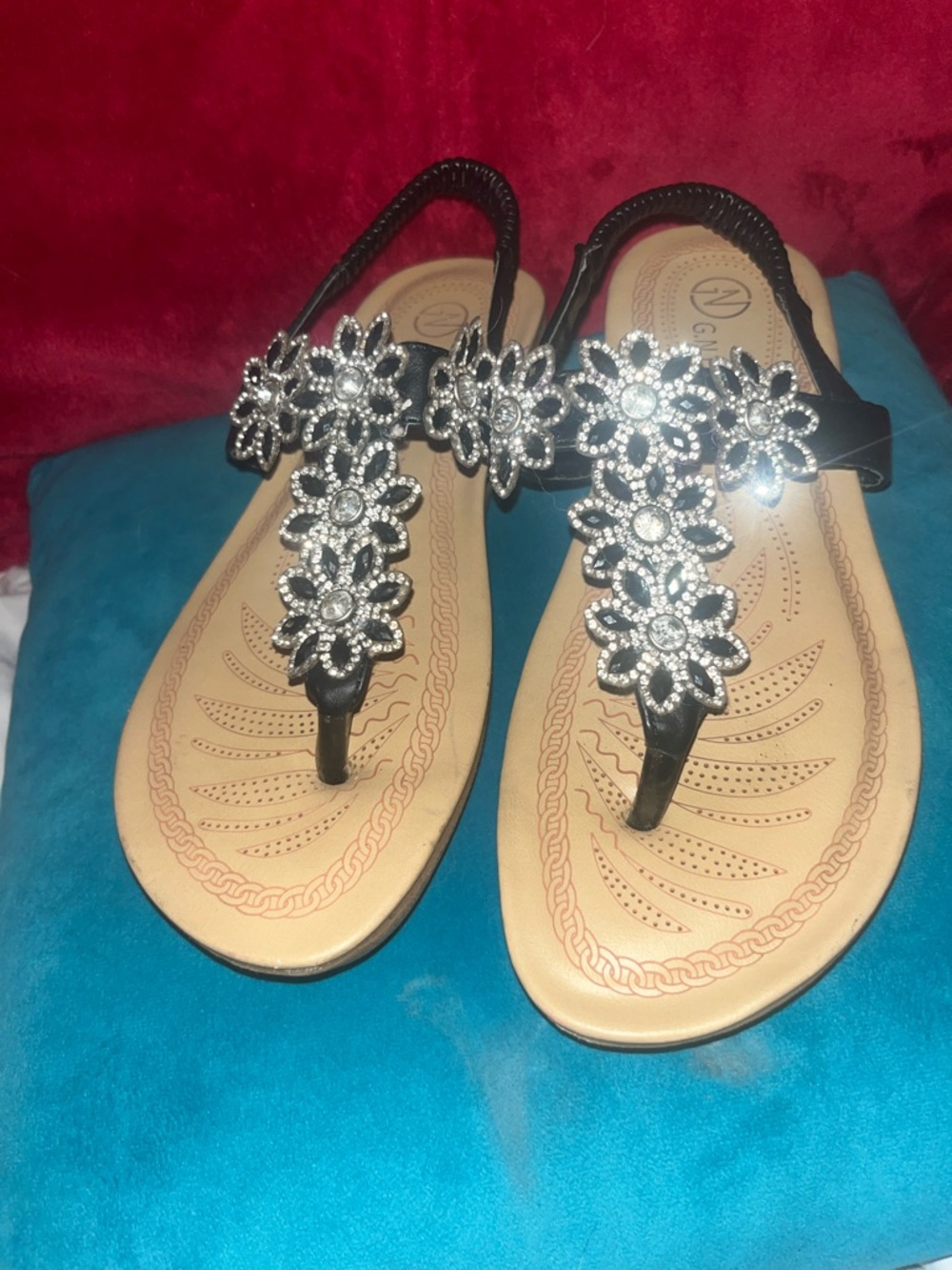 Black Floral Crystal T‑Strap Sandals with Tan Footbed